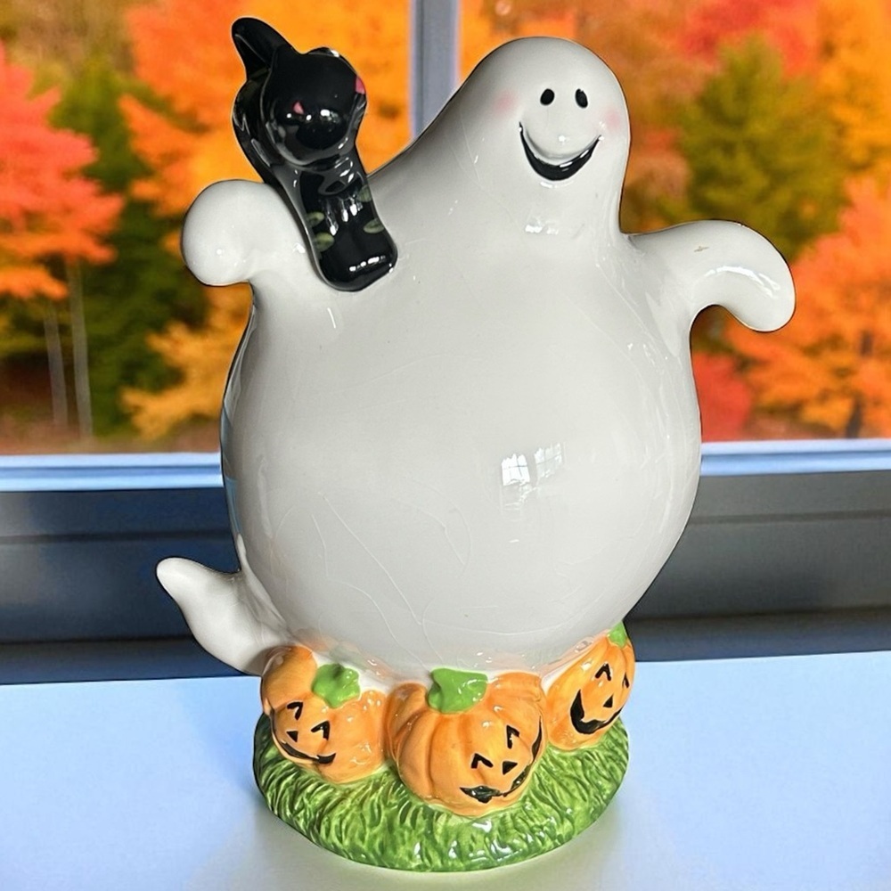 Vintage Sapota Ceramic Ghost with Black Cat 
and Pumpkins Halloween 10” Statue